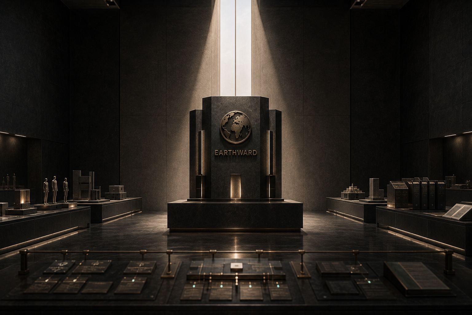 Earthward material archive centered on a monumental globe seal